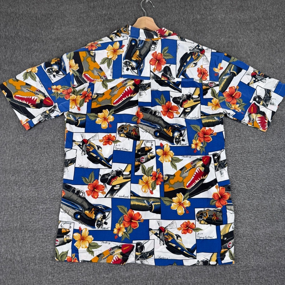 Vintage Ferruche Hawaiian Shirt Men's L Button Short Sleeve Floral Fighter Jet - Picture 5 of 7